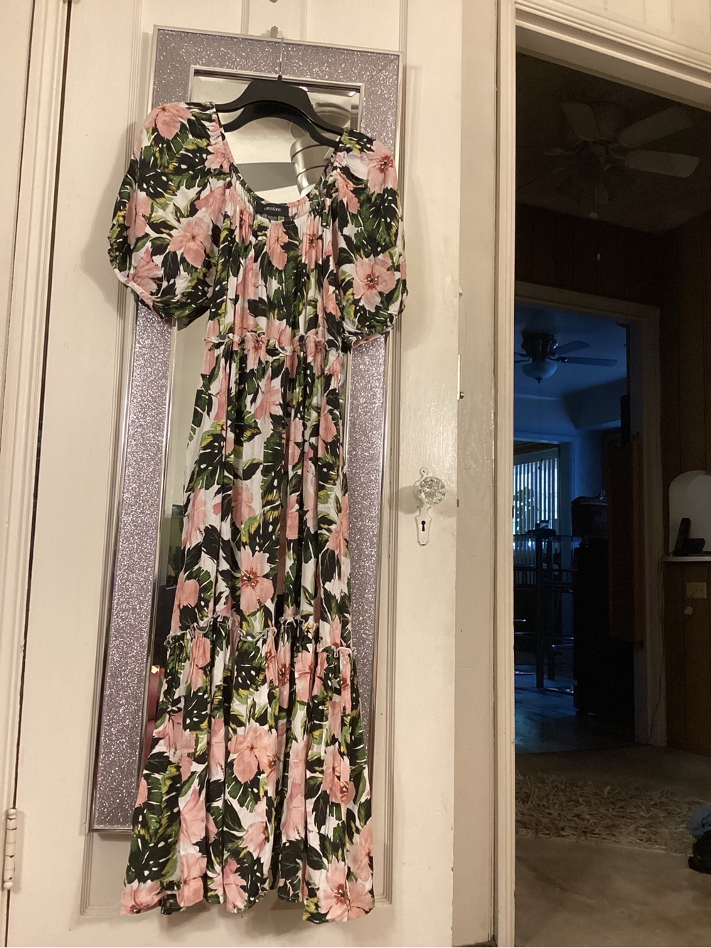 Karen Kane Pink & Green Floral Puff-Sleeve Maxi Dress